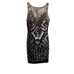 Bebe XXS Bodycon Brown Ombré Dress Geometric Silver Sequence Pattern Back CutOut